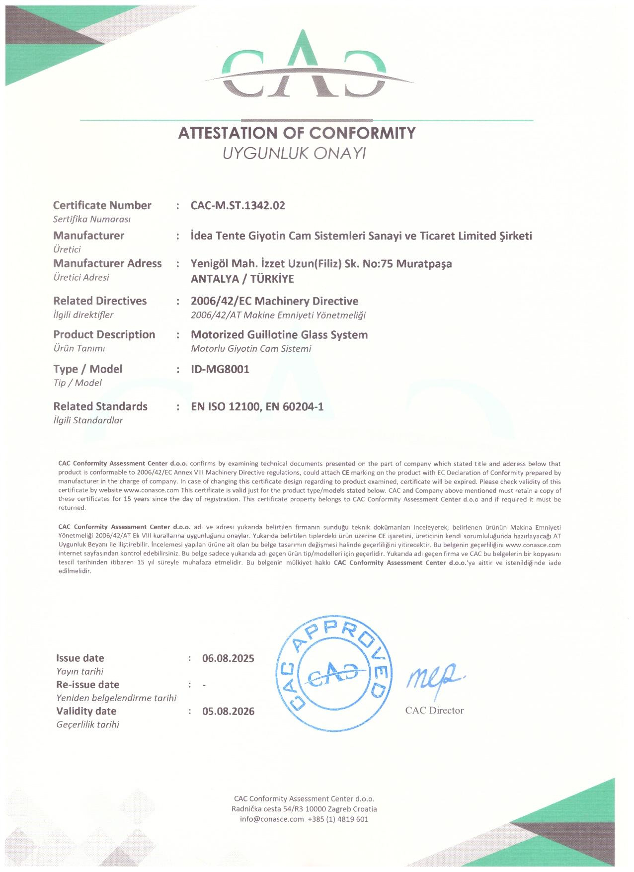 CE Belgesi - Motorlu Giyotin Cam Sistemi